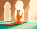 Muslim woman praying with open two empty hands with palms up. Muslim praying on the floor of mosque Royalty Free Stock Photo