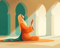 Muslim woman praying with open two empty hands with palms up. Muslim praying on the floor of mosque Royalty Free Stock Photo