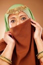 Muslim woman, face or fashion burka on studio background for Iranian human rights, religion pride or traditional