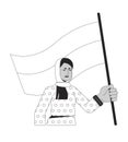 Muslim woman with flag flat line black white vector character