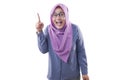 Muslim Woman Having Bright Idea, Looking at Camera Smiling and Pointing Up Royalty Free Stock Photo