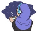 A muslim woman in headphones.