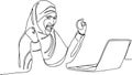 Muslim woman headscarf pc raising handsup happy