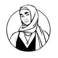 Muslim woman in hijab, in contour circle. Arab female character in headscarf, Islam headdress. Girl in Moslem scarf face