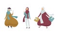 Muslim Woman in Hijab in Graduation Hat and with Shopping Bags Vector Set Royalty Free Stock Photo