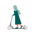 Muslim Woman in Hijab Riding Kick Scooter, Modern Arab Girl Character in Traditional Clothing, Side View Vector Royalty Free Stock Photo