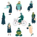 Muslim Woman in Hijab Set, Modern Arab Girls Characters in Traditional Clothing in Different Situations Vector