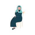 Muslim Woman in Hijab Sitting on Chair and Drinking Tea, Modern Arab Girl Character in Traditional Clothing Vector Royalty Free Stock Photo
