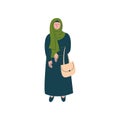 Muslim Woman in Hijab Standing with Bag, Modern Arab Girl Character in Traditional Clothing Vector Illustration Royalty Free Stock Photo