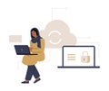 Muslim Woman With Laptop And Cloud Computing Security In Flat Vector Illustration Symbolizing Data Protection, Online Royalty Free Stock Photo