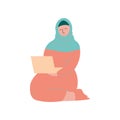 Muslim Woman in Hijab Working with Laptop Computer, Modern Arab Girl Character in Traditional Clothing Vector Royalty Free Stock Photo