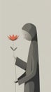 Muslim woman holding a red flower in her hand, Generative AI illustrations
