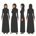 muslim woman illustration, vector arab girl character, saudi cartoon female, front, side and back view