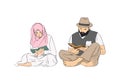 Muslim woman and man reading religious books. Vector Illustration