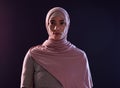 Muslim woman, portrait and hijab in faith for religion, islam or praise against a dark studio background. Face of Royalty Free Stock Photo