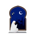 Muslim woman prayer at night with mosque background