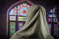 Muslim woman praying for Allah muslim god at room near window. Hands of muslim woman on the carpet praying in traditional wearing Royalty Free Stock Photo