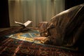 Muslim woman praying for Allah muslim god at room near window. Hands of muslim woman on the carpet praying in traditional wearing Royalty Free Stock Photo