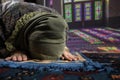 Muslim woman praying for Allah muslim god at room near window. Hands of muslim woman on the carpet praying in traditional wearing Royalty Free Stock Photo