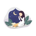 Muslim woman praying in the night after reading Quran vector isolated illustration