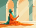 Muslim woman praying with open two empty hands with palms up. Muslim praying on the floor of mosque Royalty Free Stock Photo