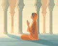 Muslim woman praying with open two empty hands with palms up. Muslim praying on the floor of mosque Royalty Free Stock Photo