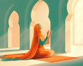 Muslim woman praying with open two empty hands with palms up. Muslim praying on the floor of mosque Royalty Free Stock Photo