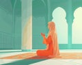 Muslim woman praying with open two empty hands with palms up. Muslim praying on the floor of mosque Royalty Free Stock Photo