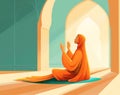 Muslim woman praying with open two empty hands with palms up. Muslim praying on the floor of mosque Royalty Free Stock Photo