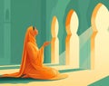 Muslim woman praying with open two empty hands with palms up. Muslim praying on the floor of mosque Royalty Free Stock Photo