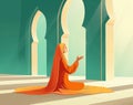 Muslim woman praying with open two empty hands with palms up. Muslim praying on the floor of mosque Royalty Free Stock Photo