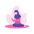 Muslim woman praying to allah during salat vector flat illustration. islam girl sitting with begging hand gesture character design