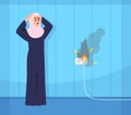 Muslim woman puzzled by damaged cable semi flat vector illustration