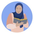 Muslim woman reading holy islamic book Koran. Womens rights to education. In minimalist style. Cartoon flat raster