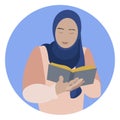 Muslim woman reading holy islamic book Koran. Womens rights to education. In minimalist style. Cartoon flat Vector