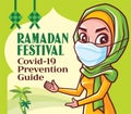 Muslim woman showing and pointing on Ramadan Festival Standard operating procedure guidelines signboard