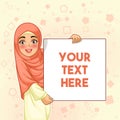 Muslim woman smiling holding blank board