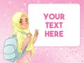 Muslim woman student cheerful holding backpack