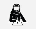 Muslim Woman Student Icon. Islam Islamic Conservative Hijab Arab Arabic Arabian Lady Girl Write. Religion Symbol Sign Vector EPS