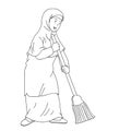 Muslim woman sweeping clean home hand drawn illustration