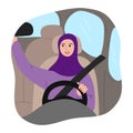 Muslim woman in traditional purple hijab with a safety belt driving a car and corrects rearview mirror. Vector