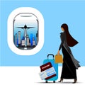 Muslim woman traveling holds a suitcase ,ticket and passport in hands at airport- illustration