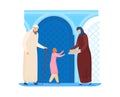 Muslim woman treats girl to cookies, fresh baked goods, cute granddaughter, delicious dessert, cartoon style vector