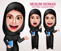 Muslim woman vector character set holding book with friendly smile Royalty Free Stock Photo