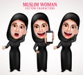 Muslim woman vector character set holding mobile phone and calling