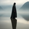 A Muslim woman in a veil or veil walks along the beach near the ocean. Royalty Free Stock Photo