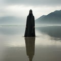 A Muslim woman in a veil or veil walks along the beach near the ocean. Royalty Free Stock Photo