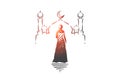 Muslim woman visiting mosque concept sketch. Hand drawn isolated vector