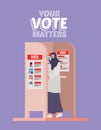 Muslim woman at voting booth with your vote matters text vector design Royalty Free Stock Photo