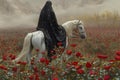 A muslim woman, wearing a black nikab, rides a white horse through a field of pink flowers